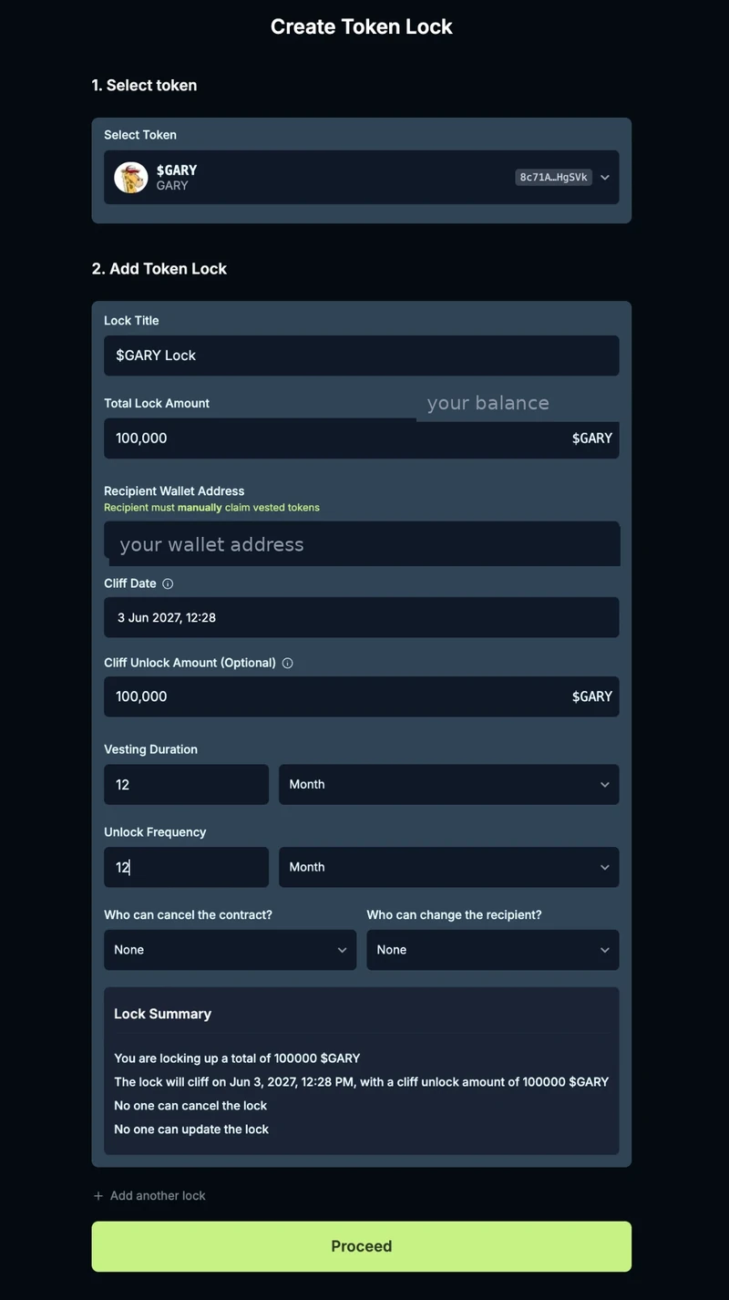Jupiter Lock — the Create Token Lock form filled in for a one-year $GARY lock
