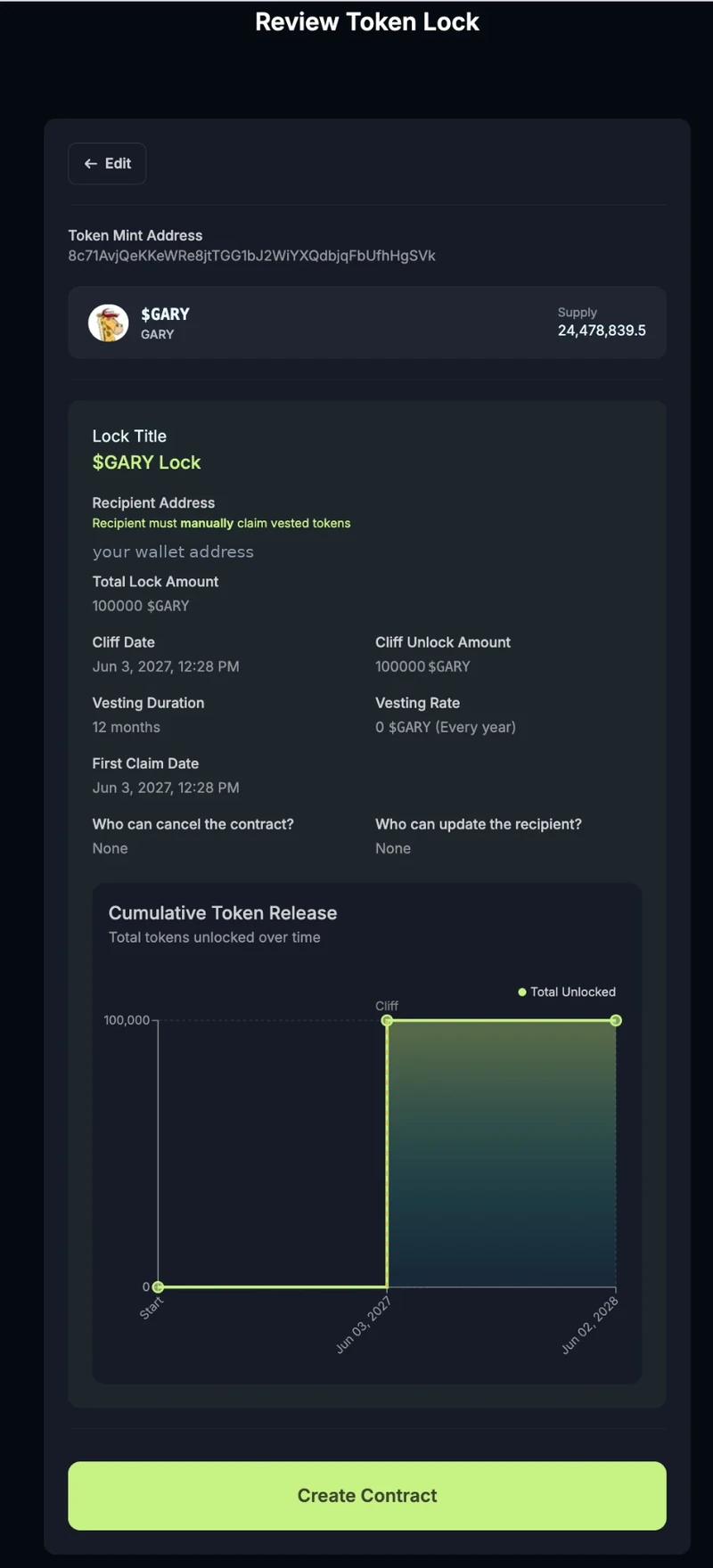 Jupiter Lock — the Review Token Lock screen showing the cumulative token release schedule